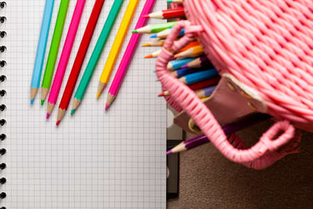 Colorful crayons and school notebookの写真素材