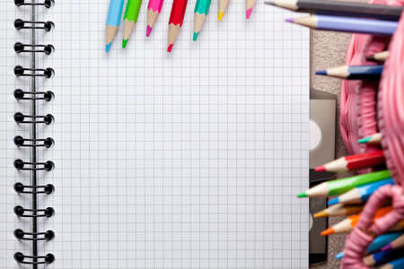 Colorful crayons and school notebookの写真素材