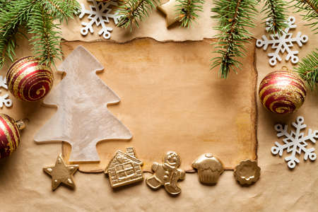 Blank handmade paper sheet and Christmas decorations の写真素材