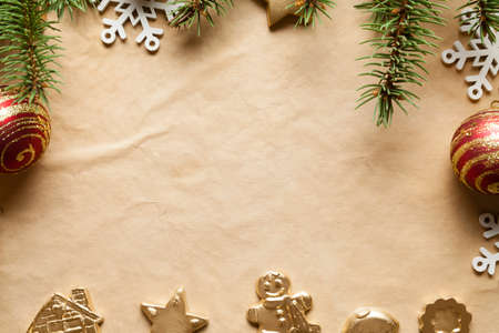 Christmas background - xmas decorations and spruce treeの写真素材