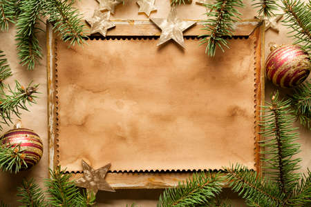 Blank paper sheet in picture frame and spruce treeの写真素材
