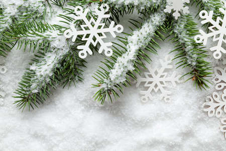 Christmas background - snowflakes and spruce tree on white snowの写真素材