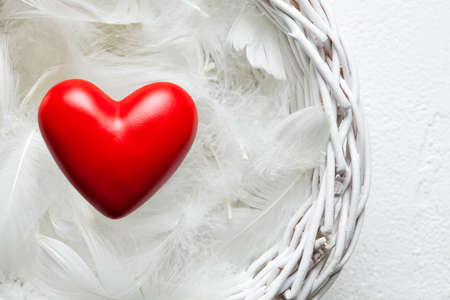 Red heart in full of feathers basket and white background