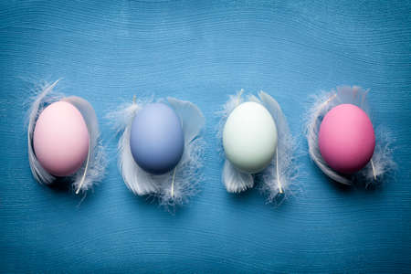 Four Easter eggs and feathers on blue backgroundの写真素材