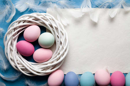 Easter eggs in the nest and white paper sheet on blue backgroundの写真素材