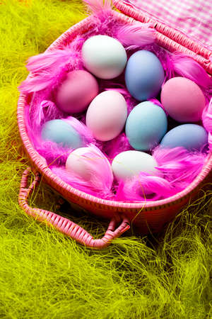 Colored Easter eggs and pink feathers in a basket on green backgroundの写真素材