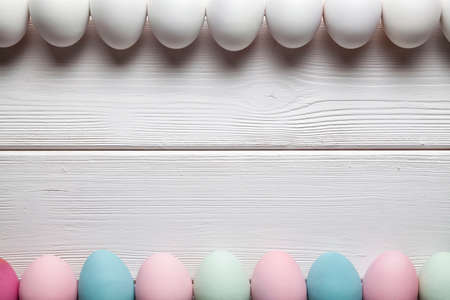 White and colored Easter eggs on white wooden tableの写真素材