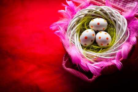 Three white Easter eggs in the nest on red backgroundの写真素材