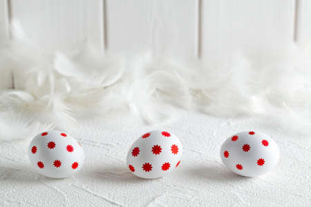 Three painted Easter eggs and feathers on white backgroundの写真素材