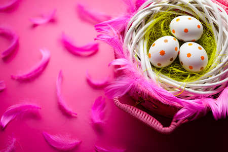 Three painted Easter eggs in the nest and pink basket の写真素材