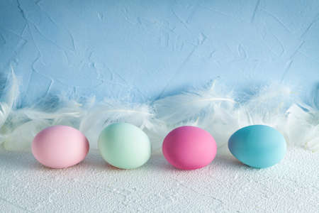 Four colored Easter eggs and feathers on blue and white backgroundの写真素材