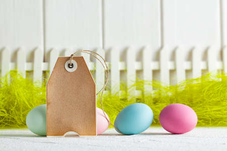 Happy Easter - Blank paper label and colored eggs on green and white backgroundの写真素材