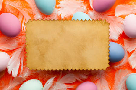 Blank paper label, colored Easter eggs and white feathers on orange backgroundの写真素材