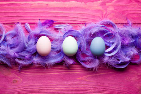 Three Easter eggs and feathers on pink wooden backgroundの写真素材