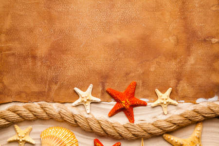 Blank paper sheet, starfish, shell and rope on beachの写真素材