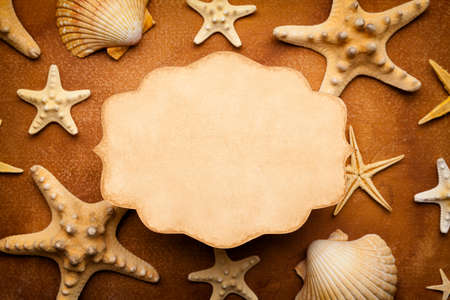 Paper card and seashells on homemade paper sheet backgroundの写真素材
