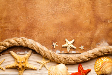 Marine background - seashells, hawser, beach sand and blank paper sheetの写真素材