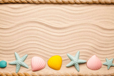 Summer beach background - seashells and hawser on sandの写真素材