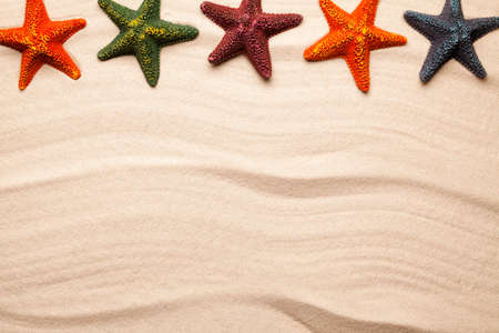 Summer beach background - five starfish on sandの写真素材