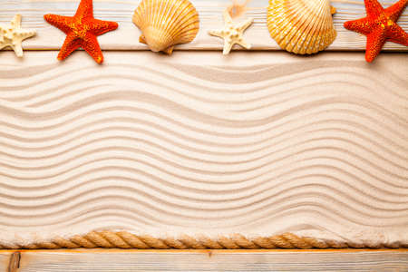 Shell and starfish on wooden plank and beach sandの写真素材