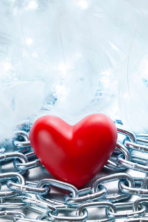 Red heart on metal chains and white feathers backgroundの写真素材