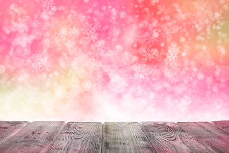 White wooden table with empty space and abstract Christmas backgroundの写真素材