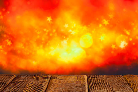 Wooden table with empty space on abstract blurred backgroundの写真素材