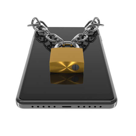 Black modern smartphone with blank screen, chrome chain and padlock as a symbol of cell phone lock - 3d illustrationの写真素材
