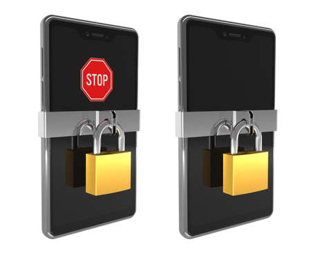 Smartphone, cell phone and padlock, phone lock symbol, access lock - two smartphones - one with a...