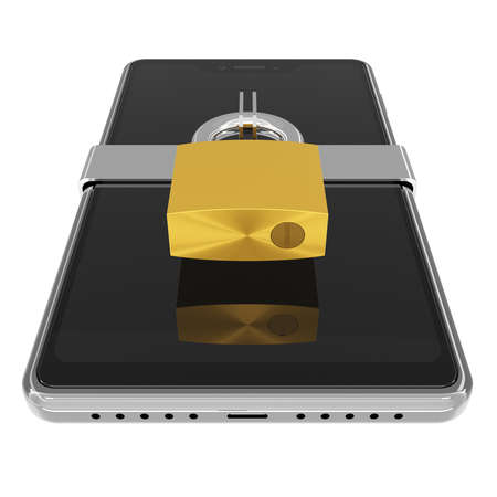 Mobile phone access lock, black smartphone with a blank screen and padlock as a lock symbol - 3d illustrationの写真素材