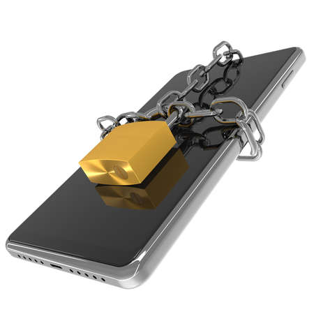 Mobile phone access lock, modern smartphone with blank black screen, metal padlock and chain - 3d...