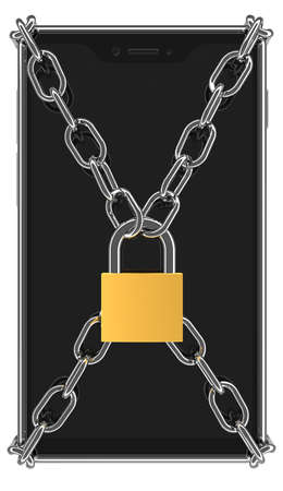 Metal chain with padlock on mobile phone - symbol of phone access lock - 3d illustrationの写真素材