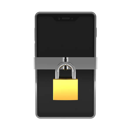 Smartphone with a blank screen on a white background and a padlock with a metal band as a symbol of cell phone access lock - 3d illustrationの写真素材