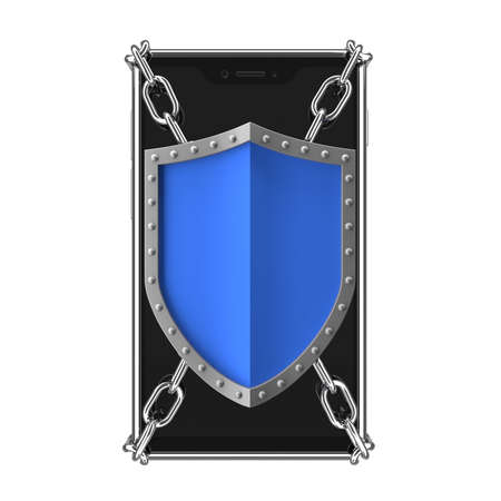 Protection of the mobile phone against malware or unauthorized access - black modern smartphone, protective shield and chain - 3d illustrationの写真素材