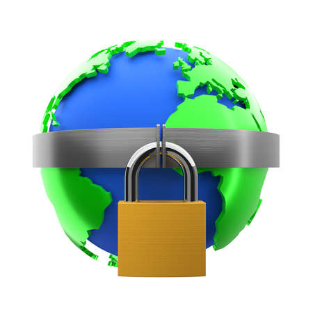 Globe, metal band and padlock - 3d illustration as a symbol of protection and security or access lockの写真素材