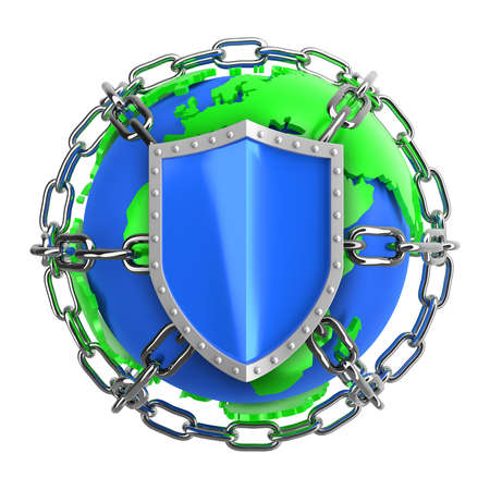 Protection and safety, symbol of security and defense - protective shield and chain around the earth - as a symbol of global protection - 3d illustrationの写真素材