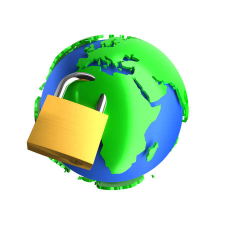 Padlock lock to the globe - security concept, illustration 3dの写真素材