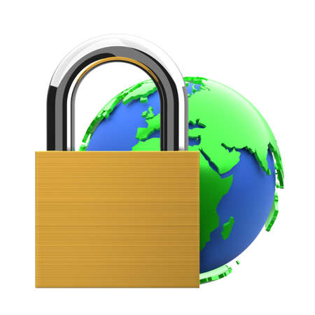 Security, protection or access lock symbol - padlock and globe on white background - abstract...
