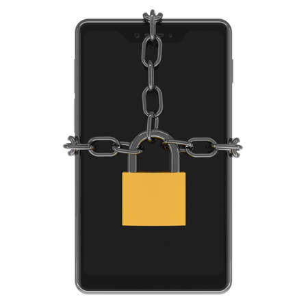 Front of a modern smartphone with chain and padlock - illustration as a symbol of access lock to a phone or mobile device - 3d illustrationの写真素材