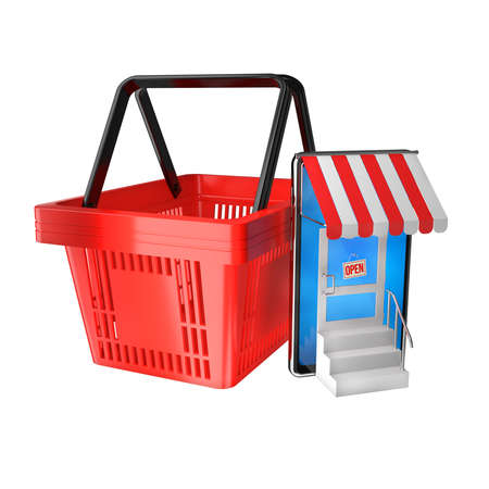 Smartphone as a symbol of the online store and shopping basket - abstract illustration symbolizing mobile online shopping - 3d illustrationの写真素材