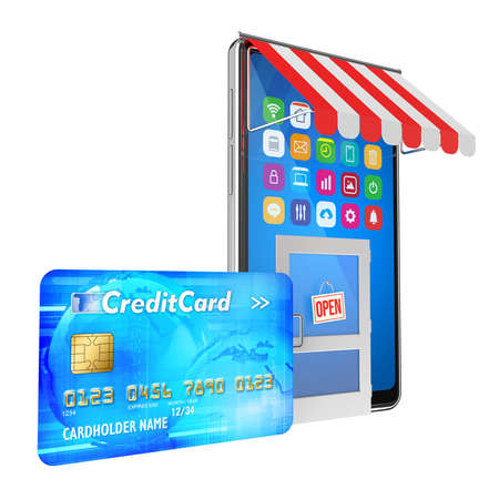 Mobile phone as an online store symbol and credit card as an online payment symbol - 3d illustrationの写真素材