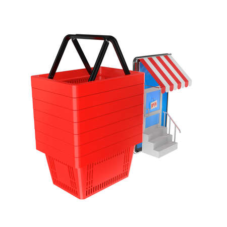 Abstract illustration - shopping basket and smartphone as online store symbol of internet shopping 3d illustrationの写真素材