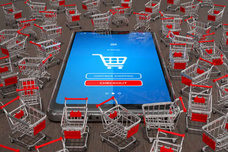 Cell phone with online store app on screen many shopping carts around it 3d illustration of mobile online shopping symbolの写真素材