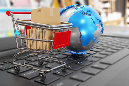 Shopping cart, cardboard boxes for shipping goods and globe model - symbols of online shopping and global mail order sale - 3D illustrationの写真素材