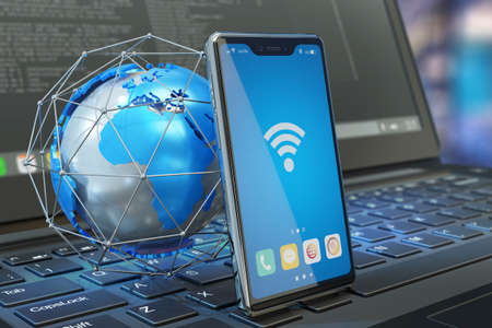 Wireless connection, internet symbols - globe model and smartphone with wifi connection icon on screen and modern laptop computer - 3d illustrationの写真素材