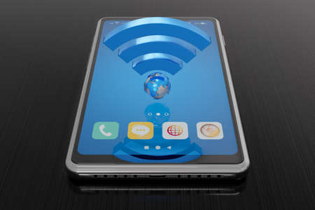 Wifi sign icon and smartphone - symbol of wireless internet connection 3d illustrationの写真素材