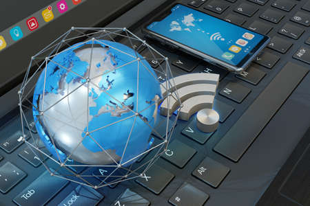 Internet connection symbols - computer keyboard, smartphone, globe and wifi symbol - 3D illustrationの写真素材