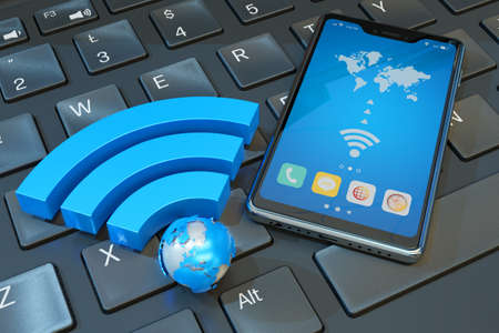 Sign wifi icon and smartphone on laptop keyboard - symbol of wireless internet connection 3d illustrationの写真素材
