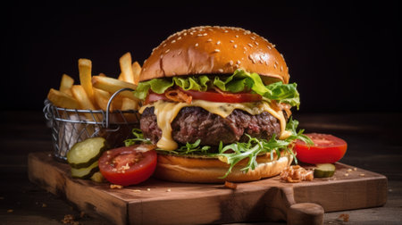 Cheese burger - American cheese burger with fresh salad on wooden background. Generative AIの素材