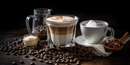 Cappuccino with cream and coffee beans on dark wooden background, Generative Aiの素材